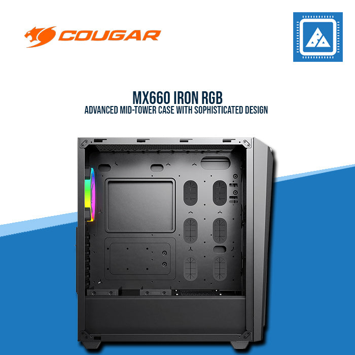 COUGAR MX660 IRON RGB DARK BLACK / MID-TOWER / ARGB VK120*1FAN / TEMPERED GLASS / LOGO SPOTLIGHT COUGAR MX660 IRON RGB DARK BLACK / MID-TOWER / ARGB VK120*1FAN / TEMPERED GLASS / LOGO SPOTLIGHT